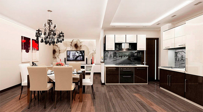 Interiérový dizajn kuchyne - obývačka - fotografie a projekčné projekty Interiérová kuchyňa kombinovaná s halou 30 štvorcov